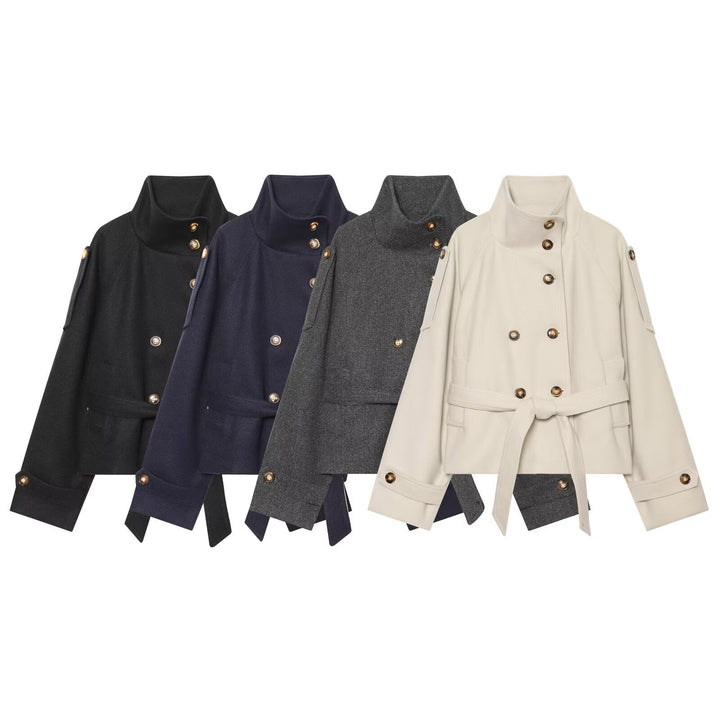 Dam Kort Cape Tillverkad av Ull Blend med Hög Stå Krage, Double-Breasted och Tie Belt