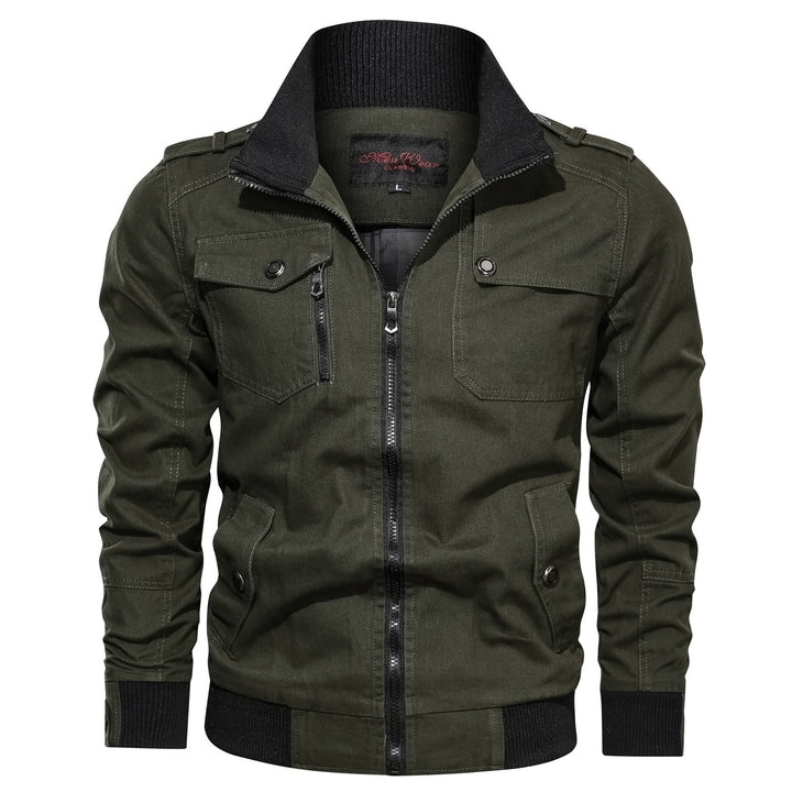 Herr Canvas Fältjacka i Bomber Stil med Ribbad Fåll, Stående Krage och Utility Fickor