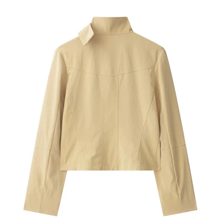 Dam Kort Double Breasted Kort Jacka i Blouson Stil med Stå Krage och Lock Fickor