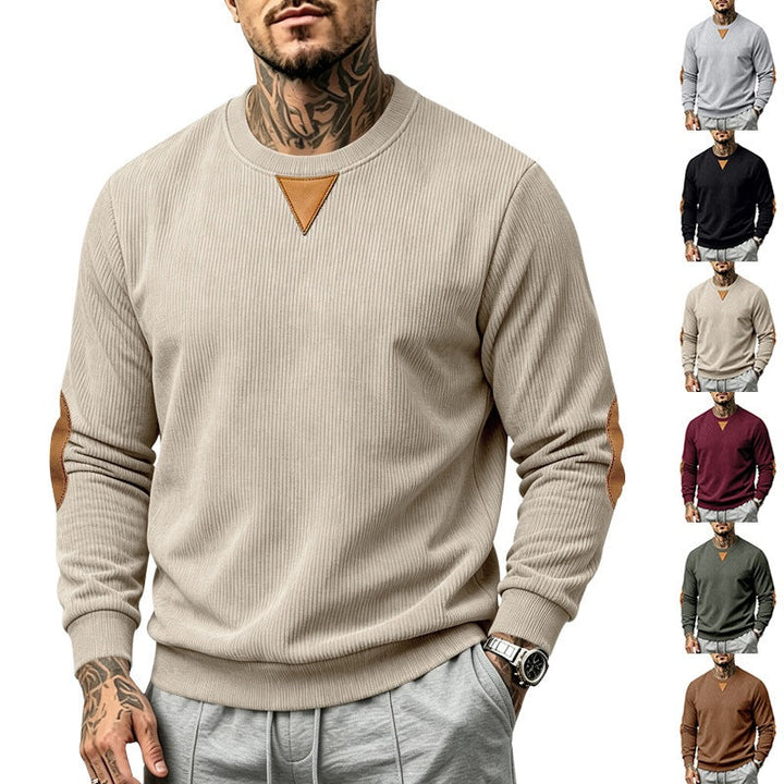 Herr College-Tröja med Textured Stickad, Elbow Lappar och Round Neckline