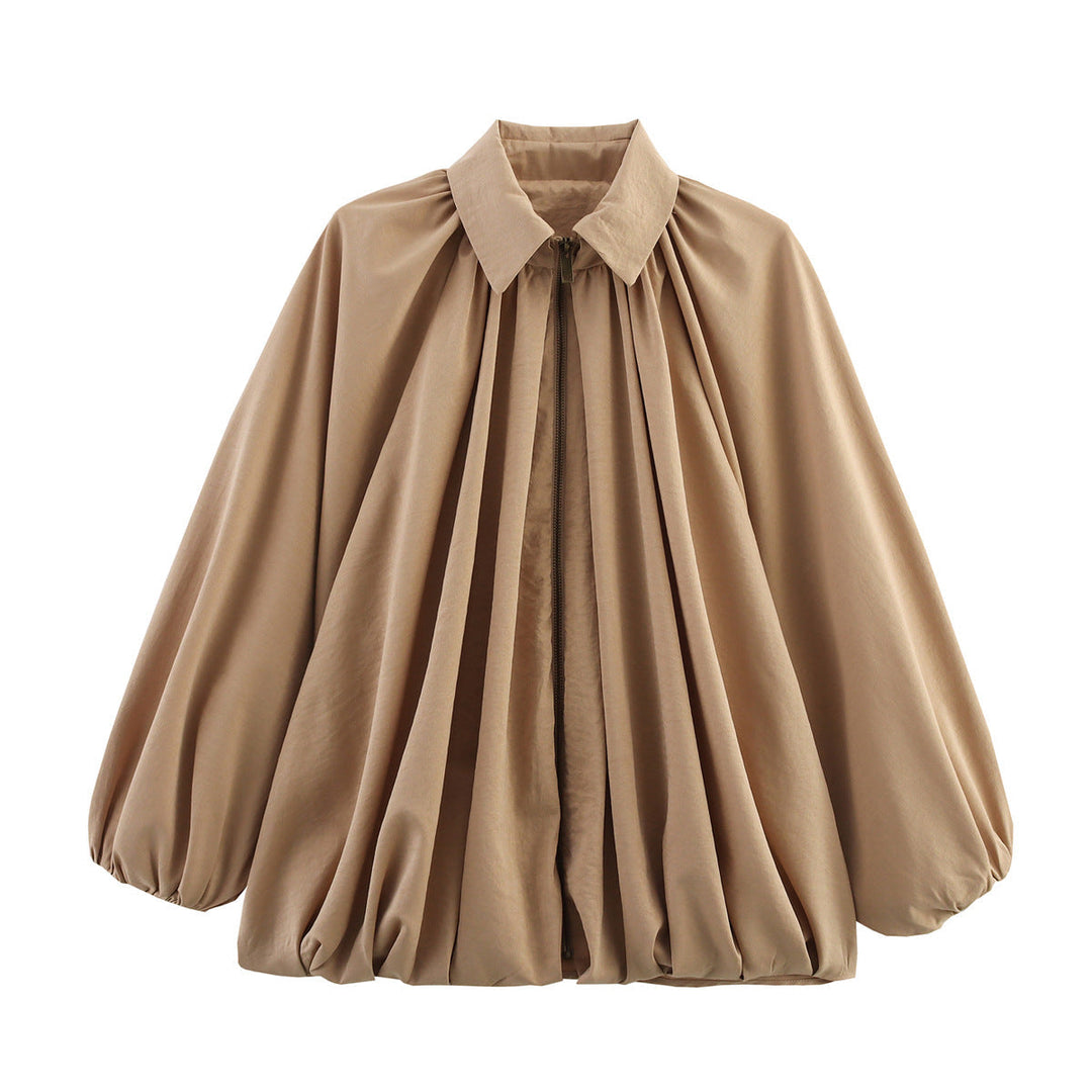 Dam 100+ Wide Gathered Blouse Jacka med Skjort Krage och Front Dragkedja