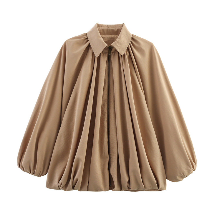 Dam 100+ Wide Gathered Blouse Jacka med Skjort Krage och Front Dragkedja