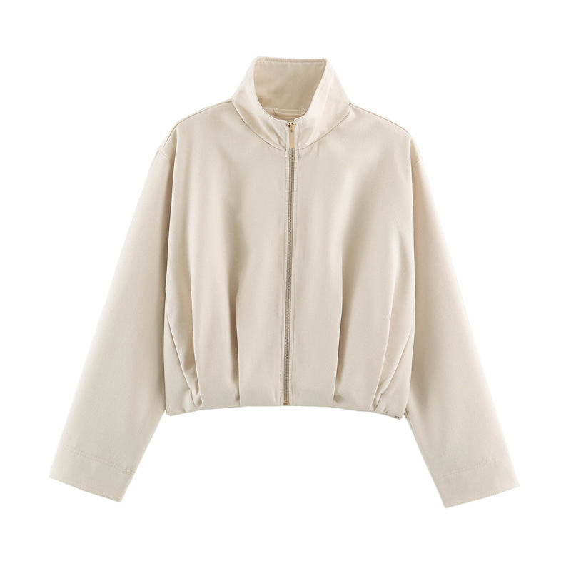 Dam Boxig-Kort Blouson Jacka med Hög Stå Krage och Fitted Elastic Waistband
