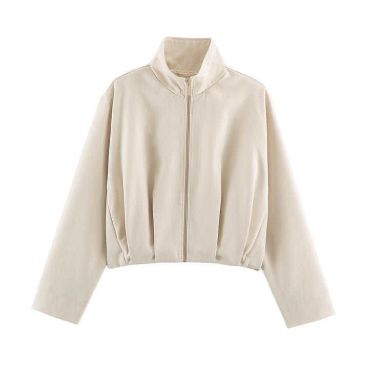 Dam Boxig-Kort Blouson Jacka med Hög Stå Krage och Fitted Elastic Waistband