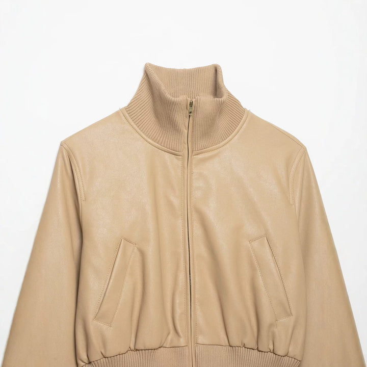 Dam Kort Skärning Läder Blouson med Hög Ribbed Krage