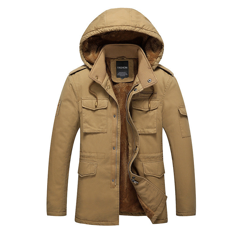 Herr Canvas Fält Parka med Varm Teddy Fleecefoder, Huva och Flera Fickor