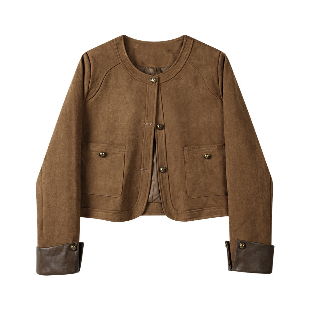 Dam kort jacka gjord mocka läder med round neck, utanpåfickor &amp; turn-up muddar