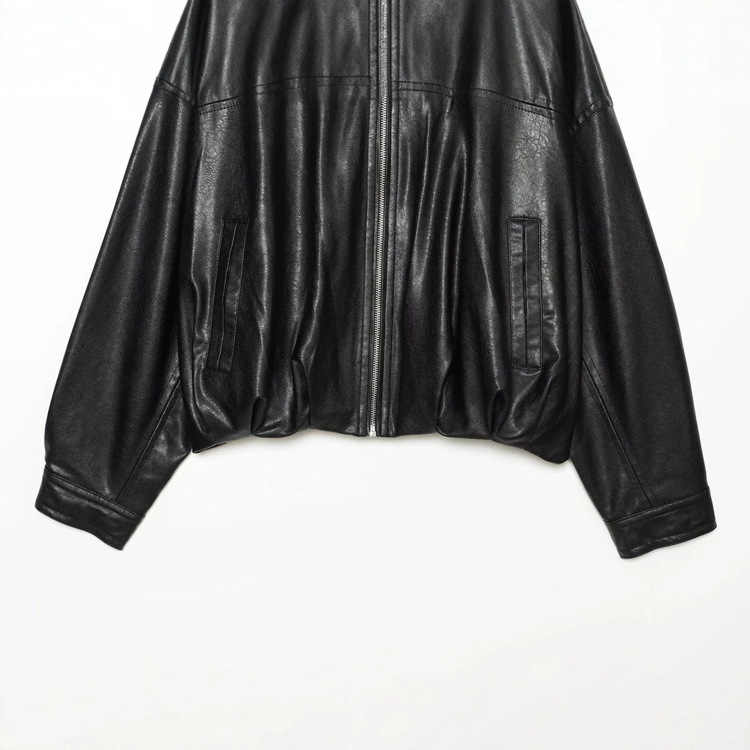 Dam Oversize Faux Läder Blouson med Round Neckline, Dragkedja och Side Fickor