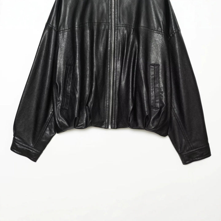 Dam Oversize Faux Läder Blouson med Round Neckline, Dragkedja och Side Fickor