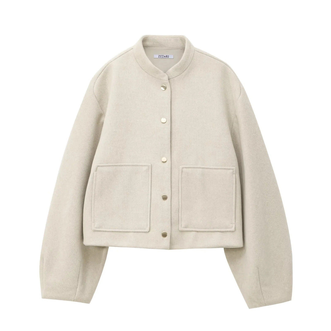 Dam 500+ Kort Boxig Ull Blend Blouson Jacka med Stå Krage, Tryckknapp Knappar och Stora Patch Fickor
