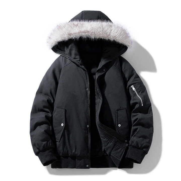 Herr quiltad vinter parka med avtagbar fusk päls huva och vindtät padding