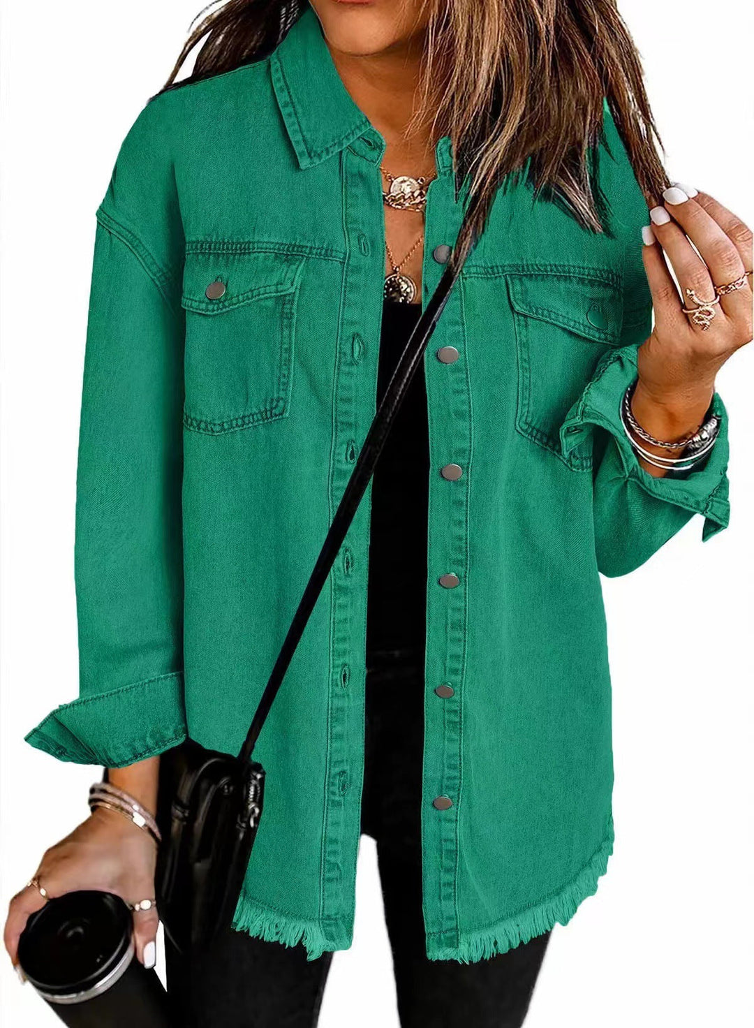 Dam oversize denim skjortjacka med Fringe fåll
