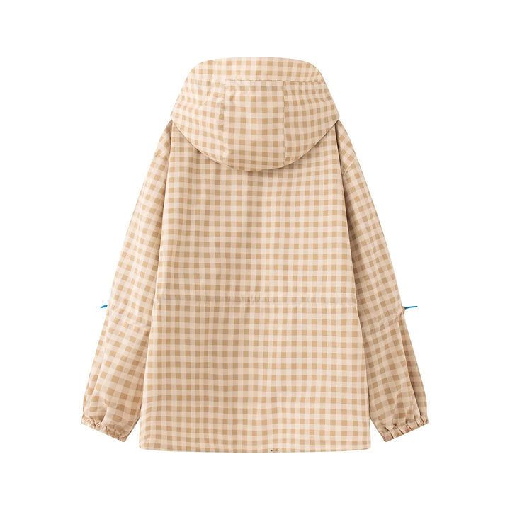 Dam Rutig Rain Parka med Huva, Midja med Dragsko och Diagonal Zippered Fickor