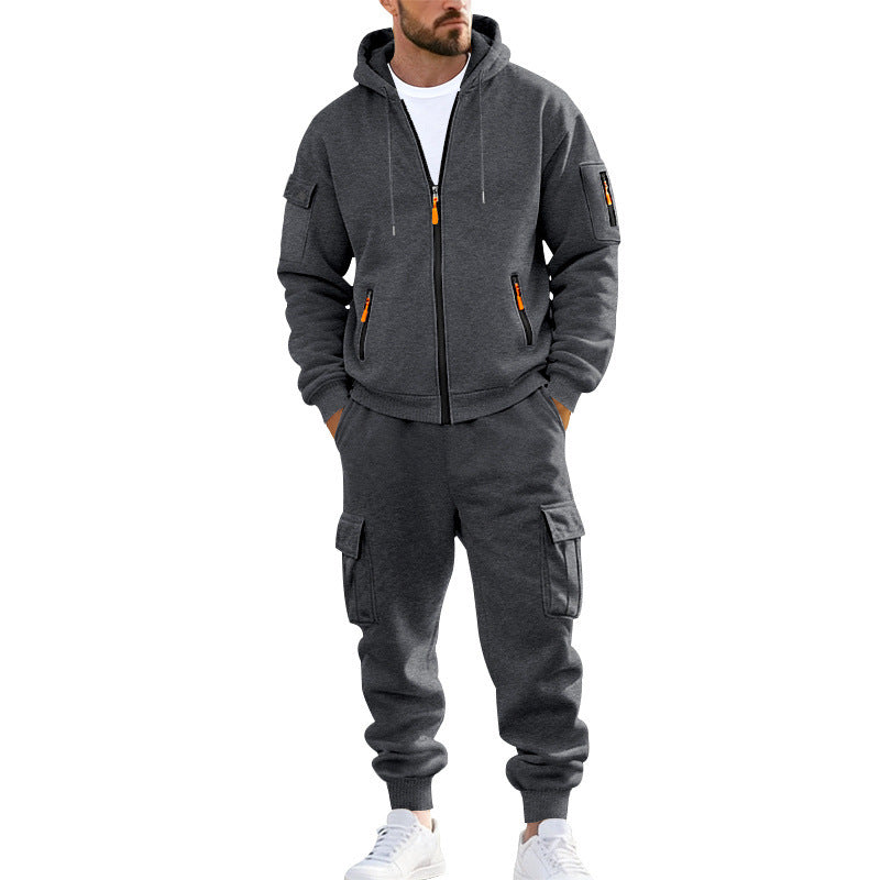 Herr Nano Urban Funktionell Cargo Sweat Set med Luvtröja, Zippered Fickor, och Tapered Cargo Jogger