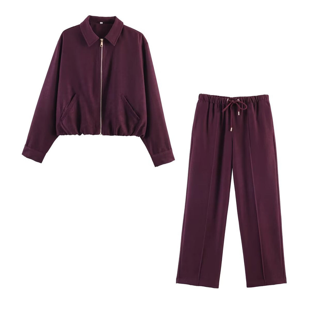 Dam Kort Blouson Jacka i Velour Look med Skjortkrage, Elastic Fåll och Sidofickor