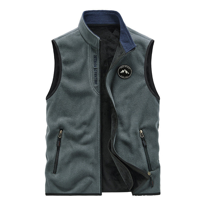 Herr Fleece Väst i Utomhus Utility Stil med Stående Krage och Zip Fickor