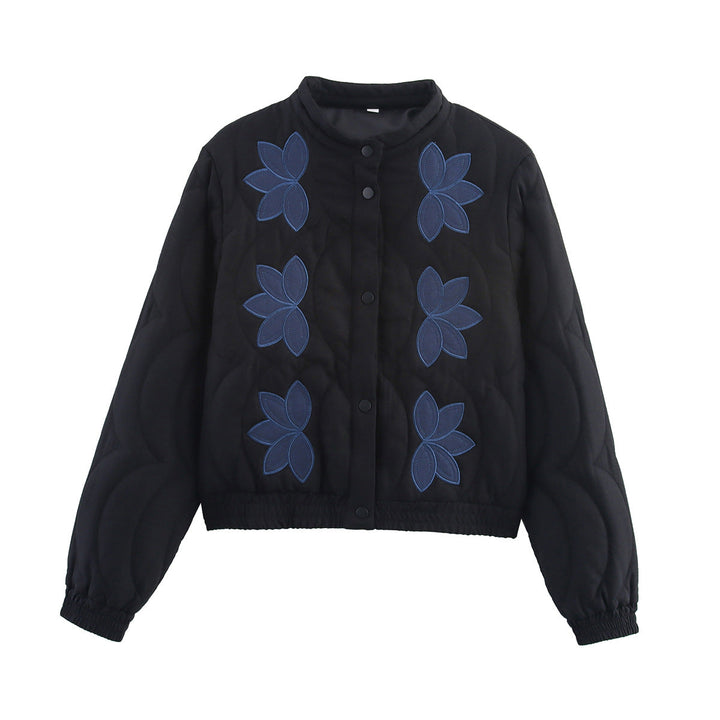 Dam Kort Skärning Vadderad Jacka med Blommig Appliqués och Elastic Nederkant