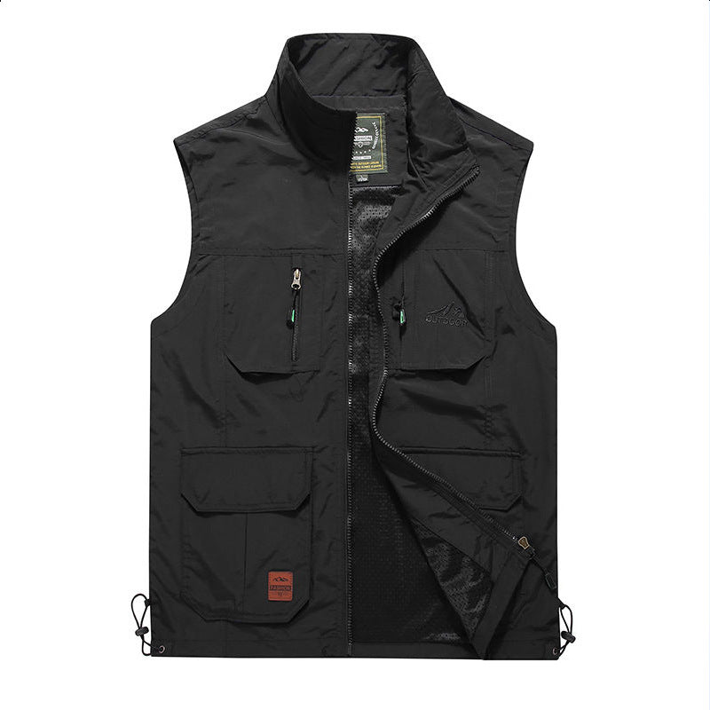 Herr Multifunctional Utomhus Väst med Mesh Foder, Dragkedjefickor och Justerbar Fåll