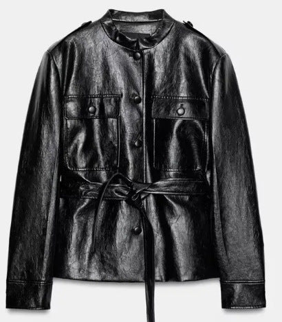 Dam Tailored Suede Jacka i Military Look med Stå Krage, Lock Fickor och Dold Knapp Knäppning