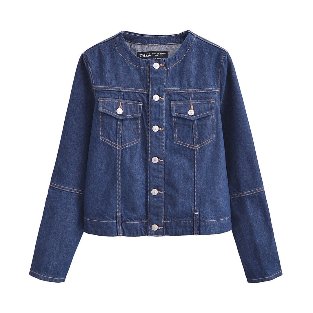 Dam lätt jeansjacka med rund hals, Full knäppning och Patch bröstfickor