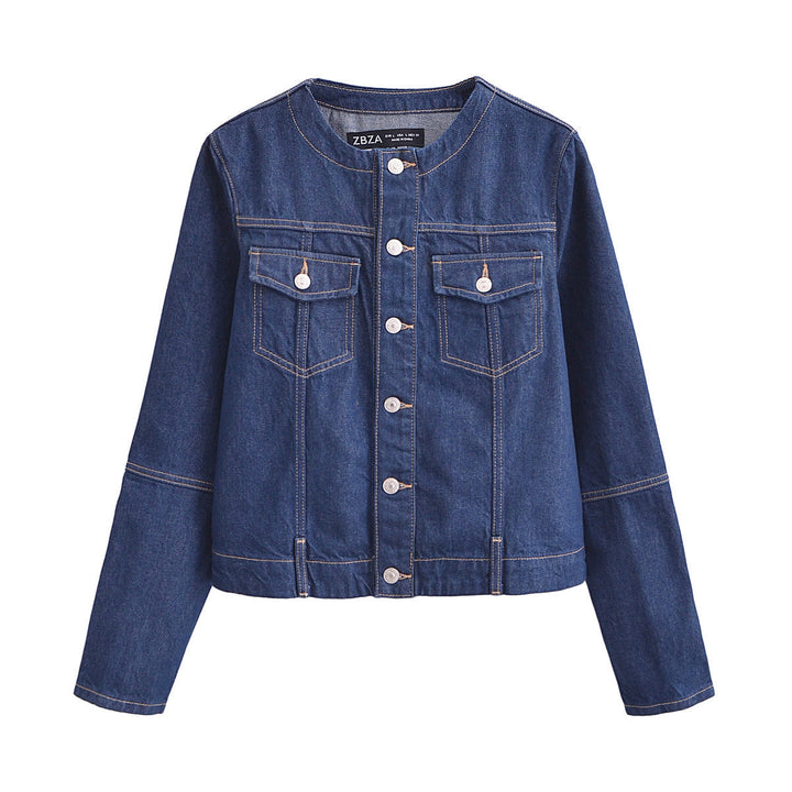 Dam lätt jeansjacka med rund hals, Full knäppning och Patch bröstfickor