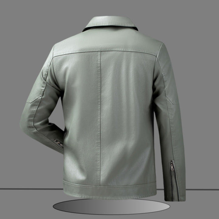 Herr Elegant Slim-Fit Läder Look Blouson Jacka med Skjorta Krage, Vertical Decorative Sömmar, och Dold Dragkedja