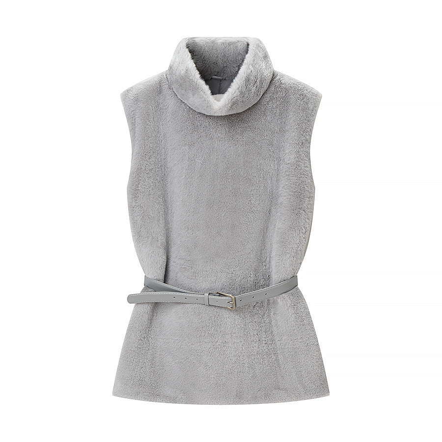Dam ärmlös Faux Fur väst med ståkrage och Waistbelt