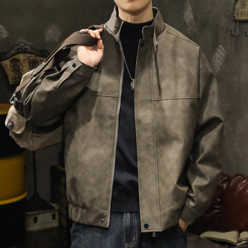 Herr Boxy Leather-Look Blouson med Dold Dragkedja Knapplist, Ståkrage, och Elastisk Waistband