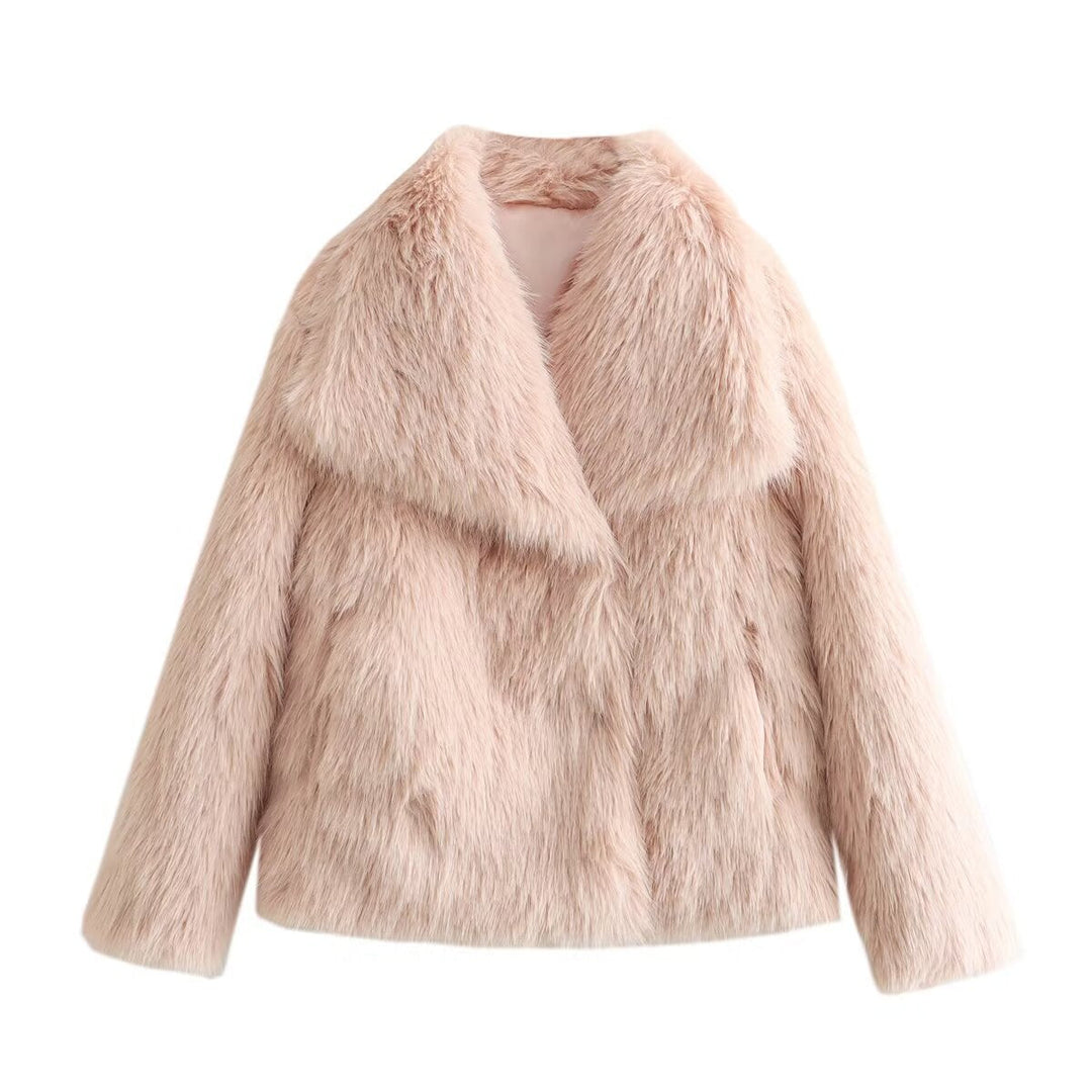 Dam kort Boxy Faux Fur jacka med vid Shawl krage och lång Fiber Faux Fur
