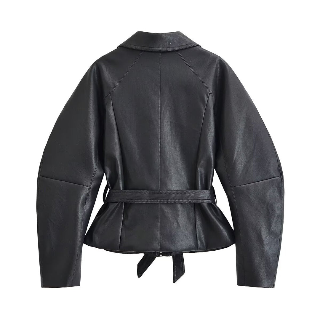 Dam Tailored Jacka i Läderlook med Tie Belt och Dropped Shoulders