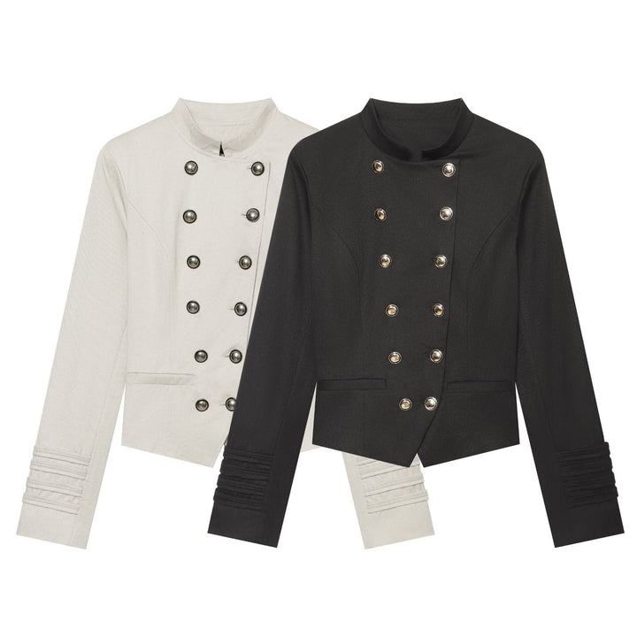 Dam Kort Skärning Double Breasted Military Blazer Jacka med Stå Krage