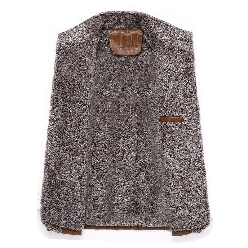 Herr Texturerad Konstläder Midlayer Jacka med Teddy Fleecefoder, Ståkrage och Axel Patches
