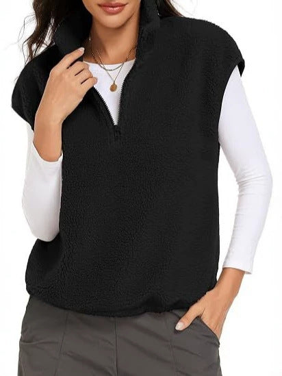 Dam Sleeveless Teddy Fleece Väst med Halv Dragkedja och Ståkrage