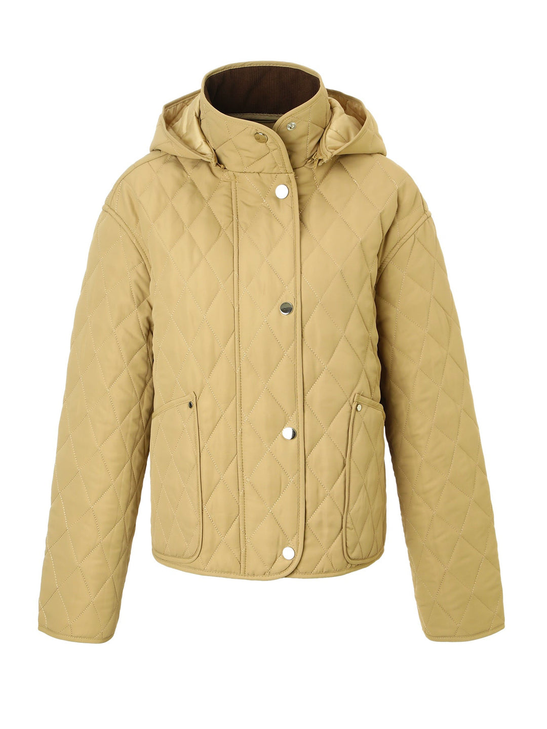 Dam kviltad jacka med huva, kviltad diamond structure och flap fickor