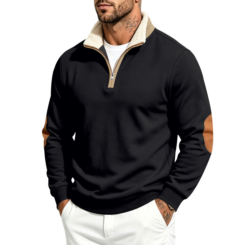 Herr Troyer Halv Dragkedja Pullover med Teddy Fleece Foder, Konstläder Elbow Lappar och Ståkrage