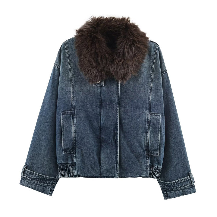 Dam oversize denimjacka med Voluminous Faux Fur krage och Elastic fåll