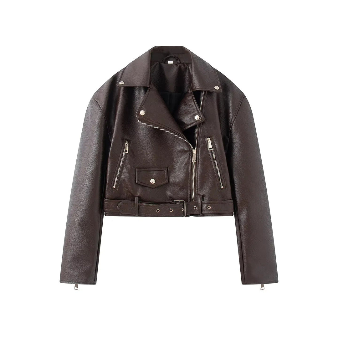 Dam cropped bikerjacka tillverkad av vegan läder imitation med asymmetrisk dragkedja och midjebälte