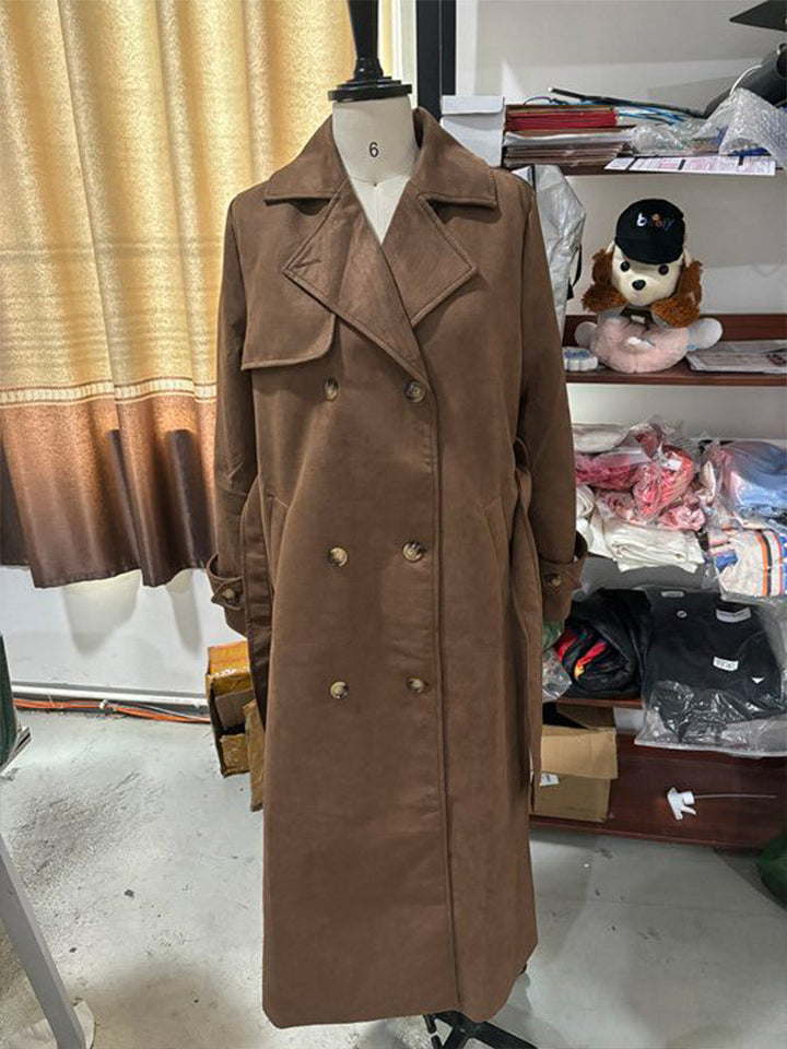 Dam lång Double-Breasted trenchcoat in mocka-Like med midjebälte