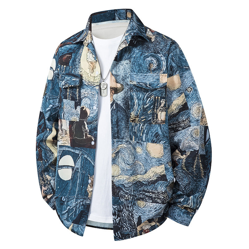 Herr Bedrucktes Overshirt i Ethno Azteken‑look med Brusttaschen och Avslappnad Passform
