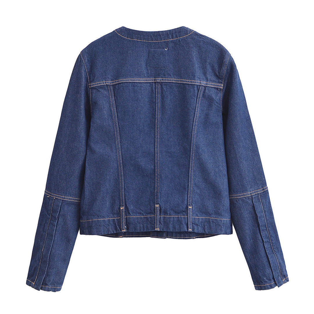Dam lätt jeansjacka med rund hals, Full knäppning och Patch bröstfickor