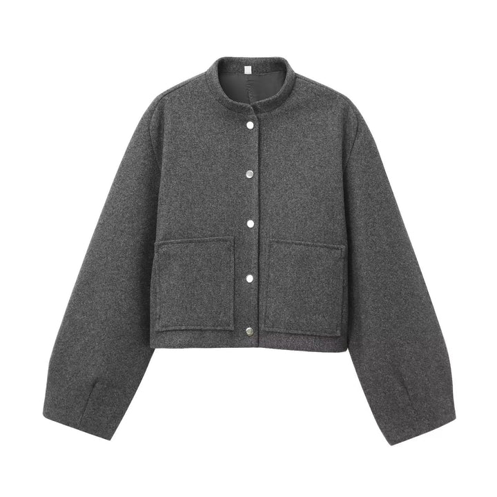 Dam Kort Ull Blend Jacka i Boxig Skärning med Stå Krage och Patch Fickor