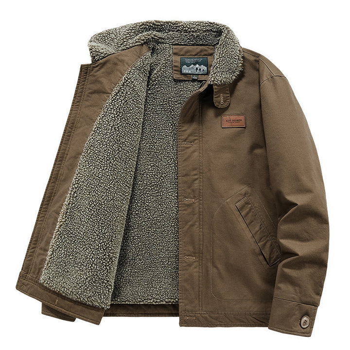 Herr Rugged Canvas Worker Jacka med Voluminous Sherpa Inre Foder och Hög Krage