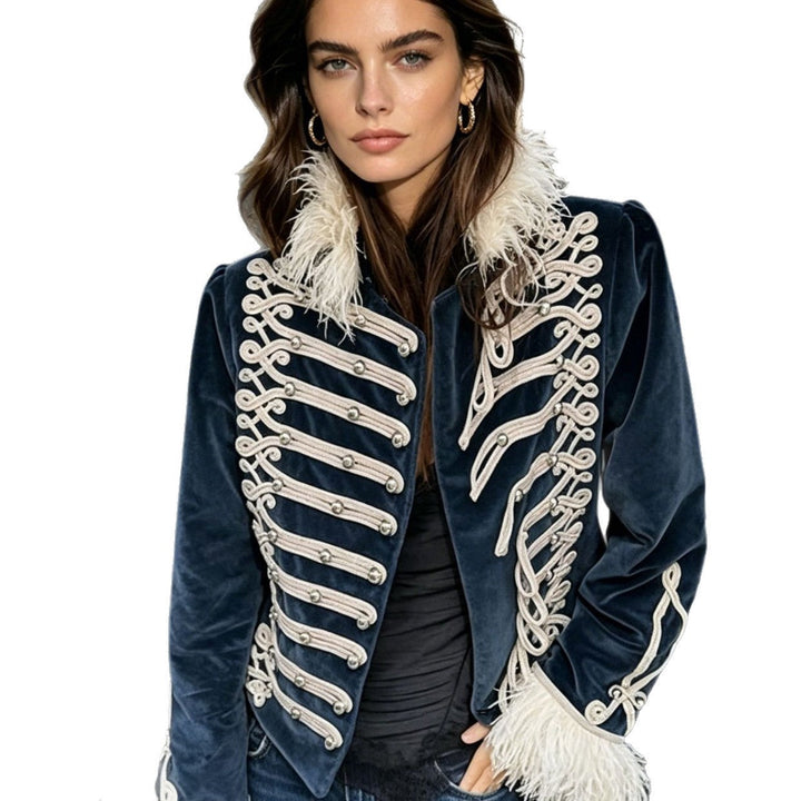 Dam sammet Military jacka med dekorativ Straps och Feather Trim