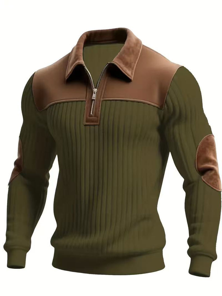 Herr Ribbad Halv Dragkedja Pullover med Contrasting Läder Appliqués On Shoulders och Elbows