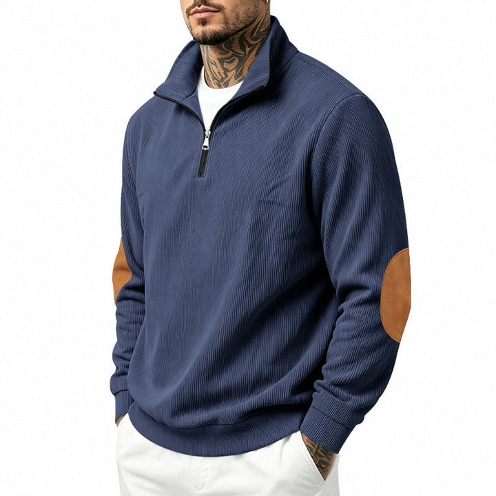 Herr Light Strukturerad Halv Dragkedja Pullover med Cord Elbow Lappar och Ståkrage