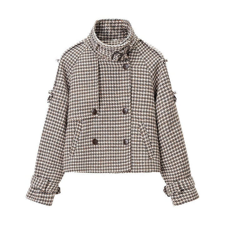 Dam Kort Jacka i Houndstooth med Ståkrage, Dubbel-Breasted och Midja Detaljer