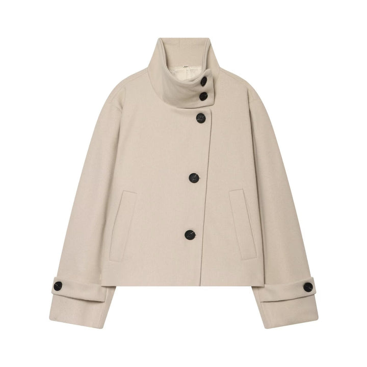 Dam Kort Ull Blouson Kappa med Hög Stå Krage och Knapp Knäppning