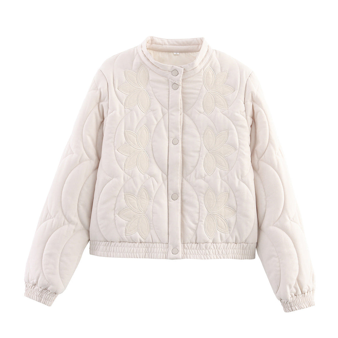 Dam Kort Skärning Vadderad Jacka med Blommig Appliqués och Elastic Nederkant