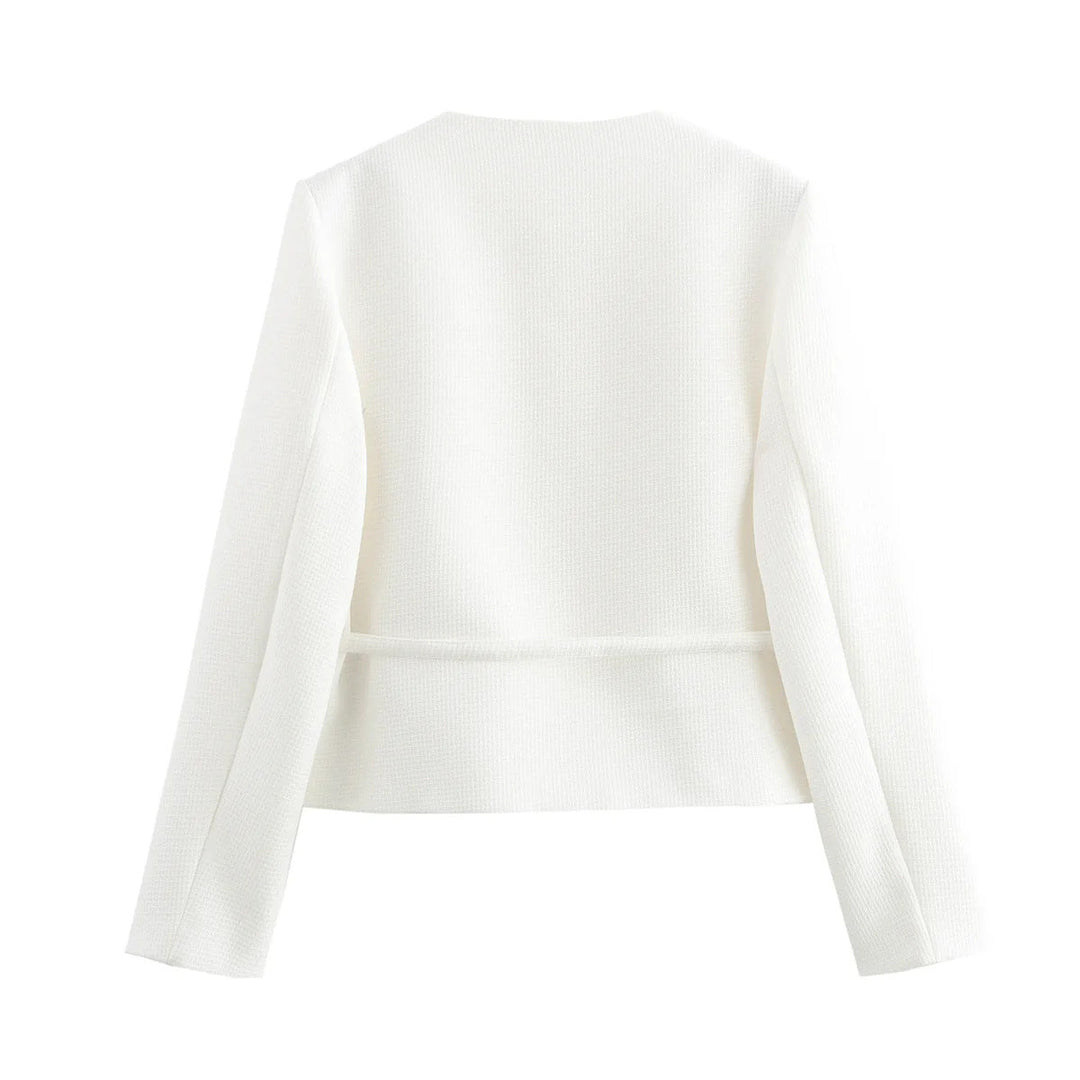 Dam figursydd button jacka med round neckline, waist tie bälte, och fine woven texture