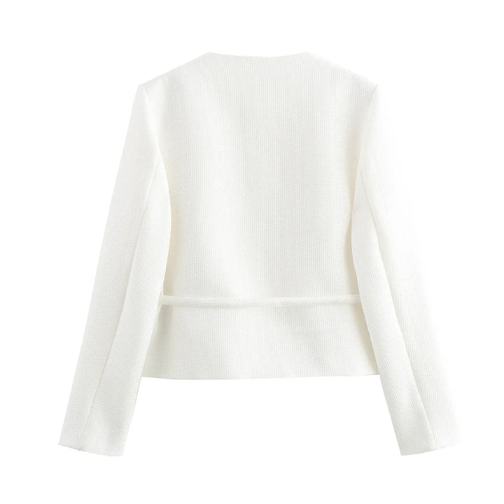 Dam figursydd button jacka med round neckline, waist tie bälte, och fine woven texture